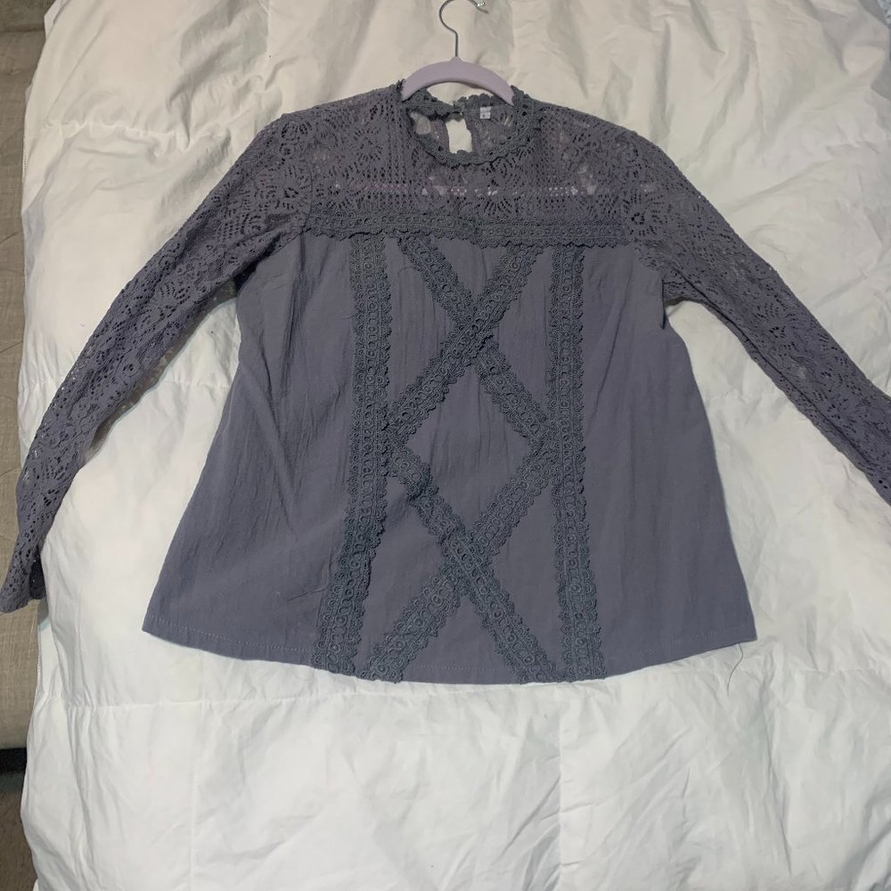 Gray Polyester Lace Blouse